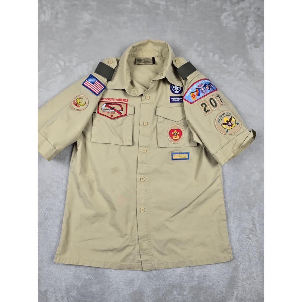 Boy Scouts of America Shirt Kids Youth L Khaki Tan Patches BSA Poly Cotton